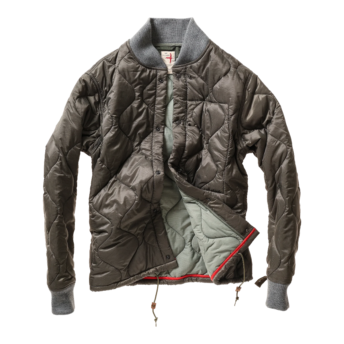 Relwen Defender dark forest quilted ripstop liner jacket with wool rib-knit collar and cuffs.
