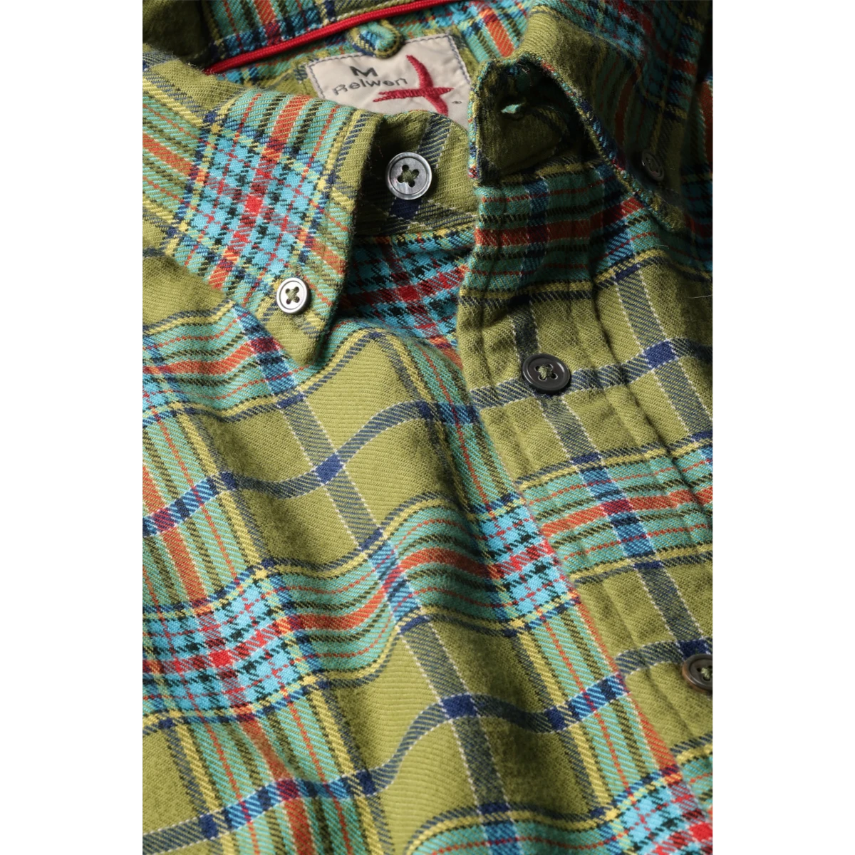 MILWORKS Relwen Flyweight Flannel shirt in lichen green plaid with blue and red accents and button-down collar