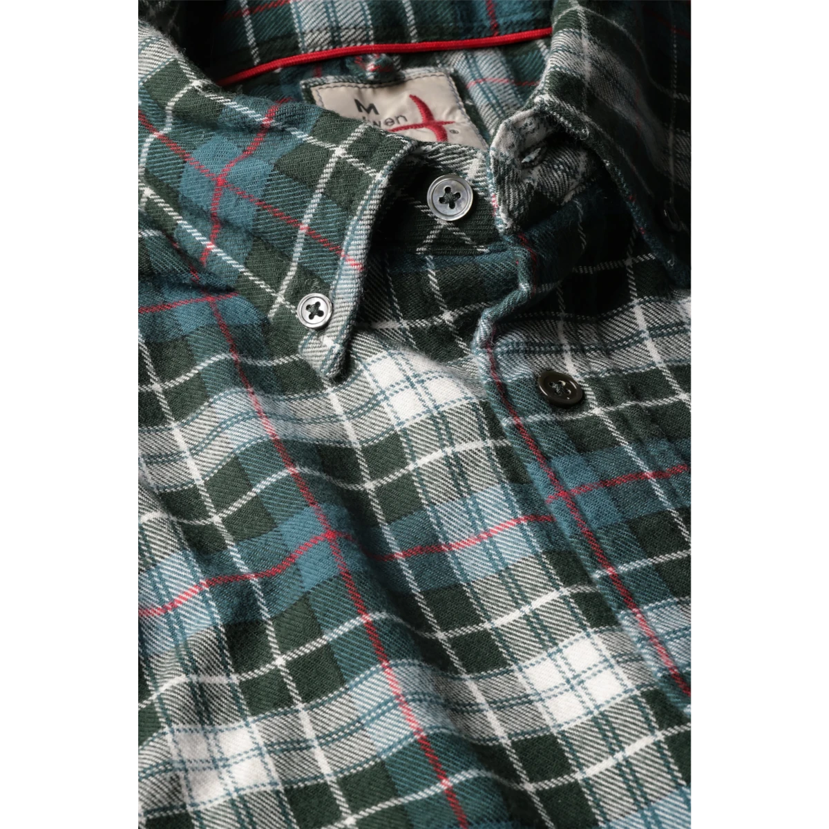 MILWORKS Relwen Flyweight Flannel shirt in forest green plaid with button-down collar and red accent stitching