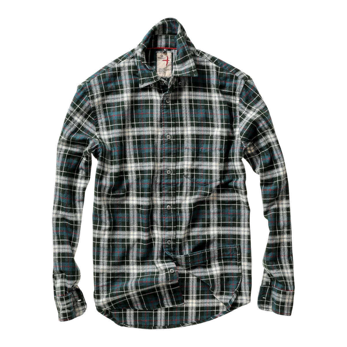MILWORKS Relwen Flyweight Flannel shirt in forest green and white plaid with a button-down collar and chest pocket.