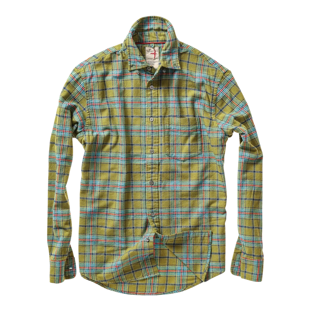MILWORKS Relwen Flyweight Flannel shirt in lichen green with a multi-colour plaid pattern and button-down collar.