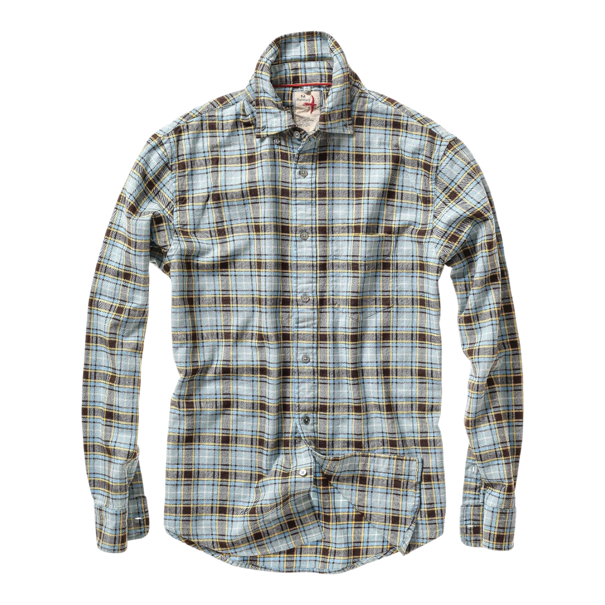 MILWORKS Relwen Flyweight Flannel shirt in a pale blue and brown plaid pattern with long sleeves and button front.