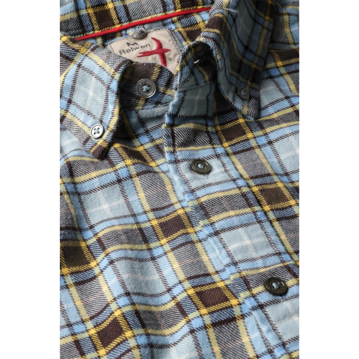 MILWORKS Relwen Flyweight Flannel shirt in a pale blue and brown plaid pattern with a button-down collar