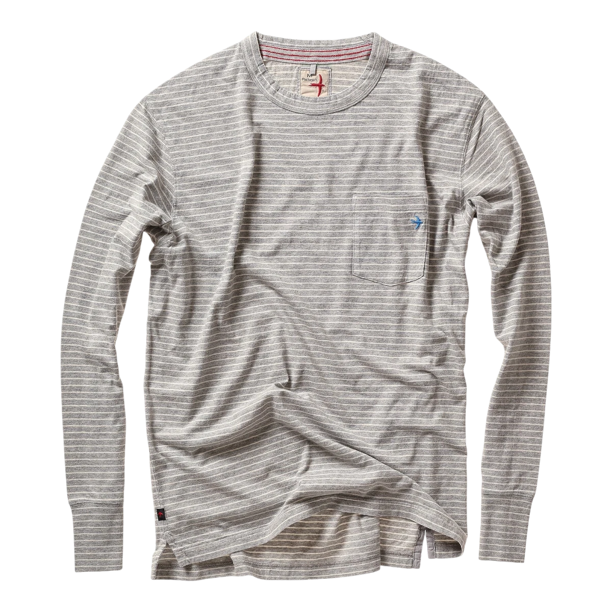 MILWORKS Relwen ringspun long sleeve pocket tee in grey and white horizontal stripes with ribbed cuffs