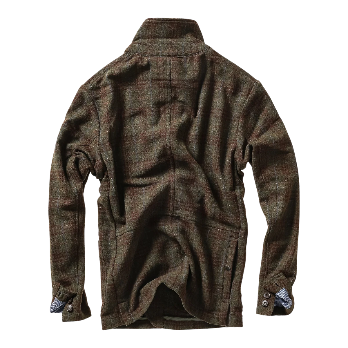 Back view of MILWORKS Relwen Heritage Trap Blazer in loden rust plaid wool blend with buttoned cuffs