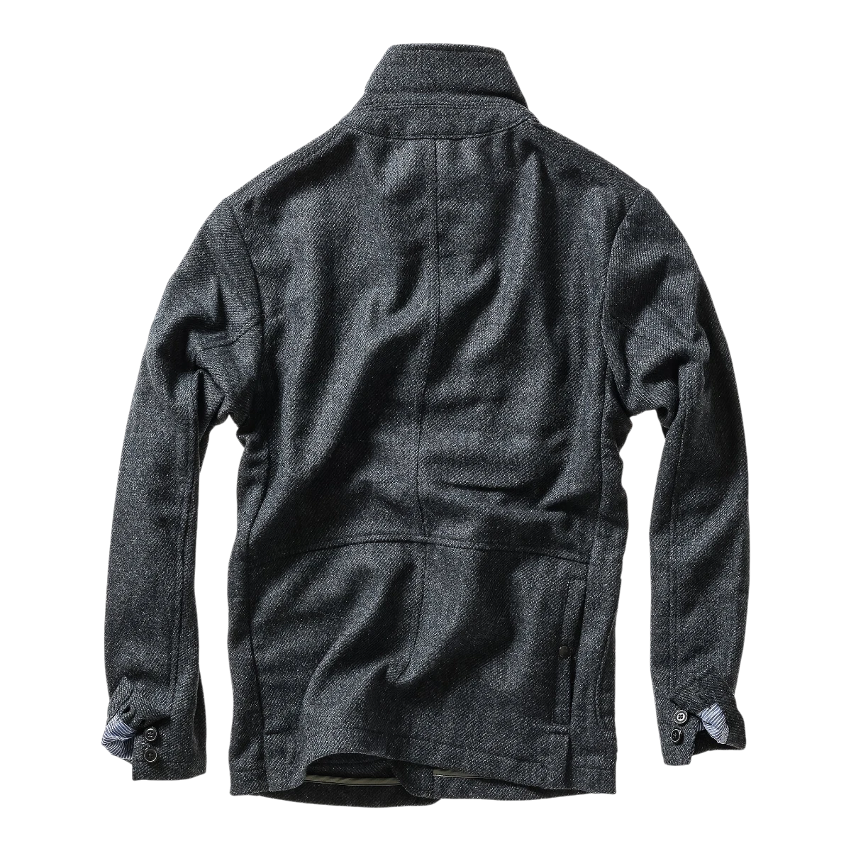 Back view of MILWORKS Relwen Heritage Trap Blazer in blue and black twill fabric with buttoned cuffs.