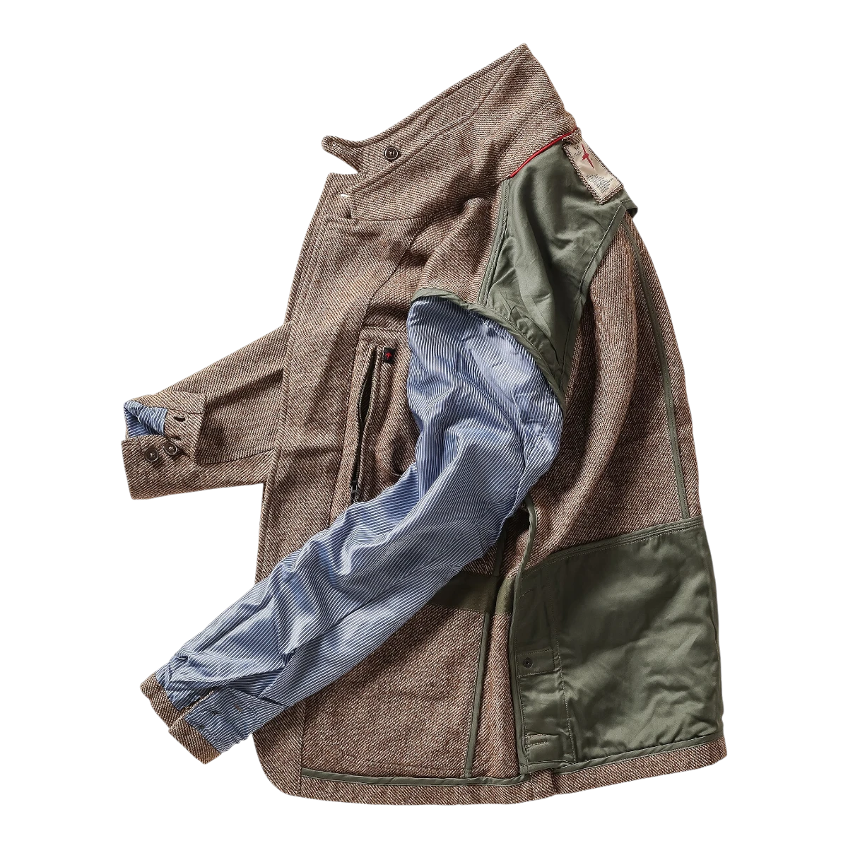 MILWORKS Relwen Heritage Trap Blazer in rustic brown twill with olive green accents and blue striped sleeve lining.