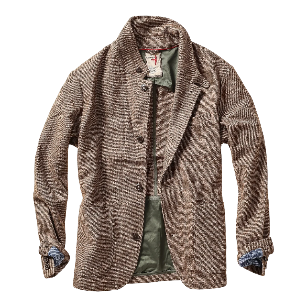 MILWORKS Relwen Heritage Trap Blazer in rustic brown twill fabric with a structured collar and olive green lining.