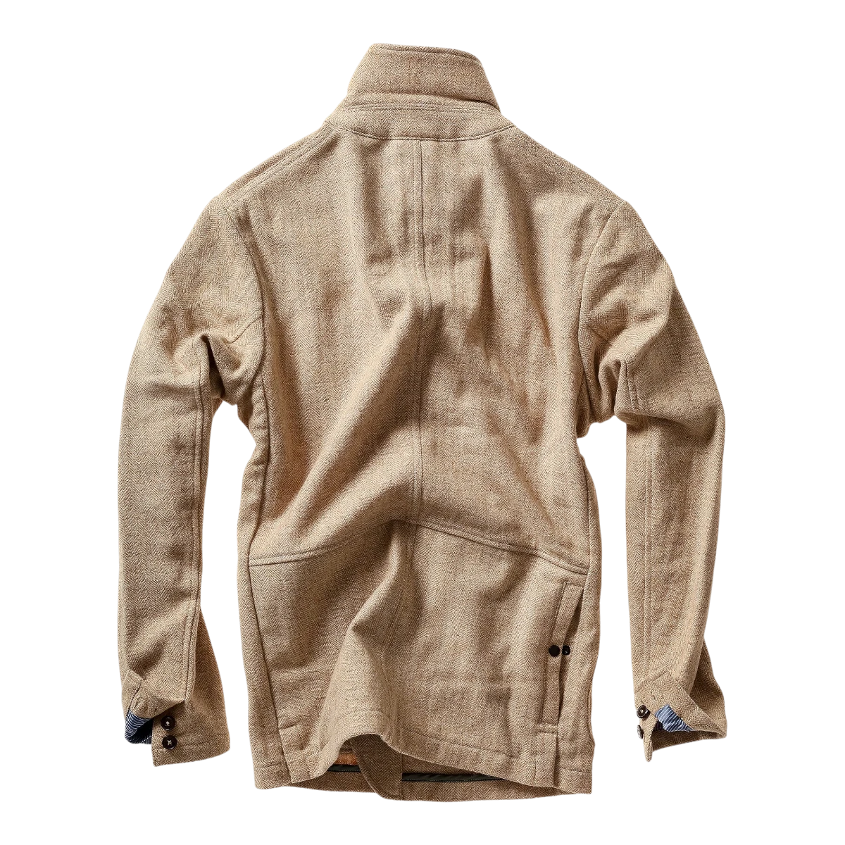 Back view of MILWORKS Relwen Heritage Trap Blazer in light camel herringbone wool with structured collar and cuffs.