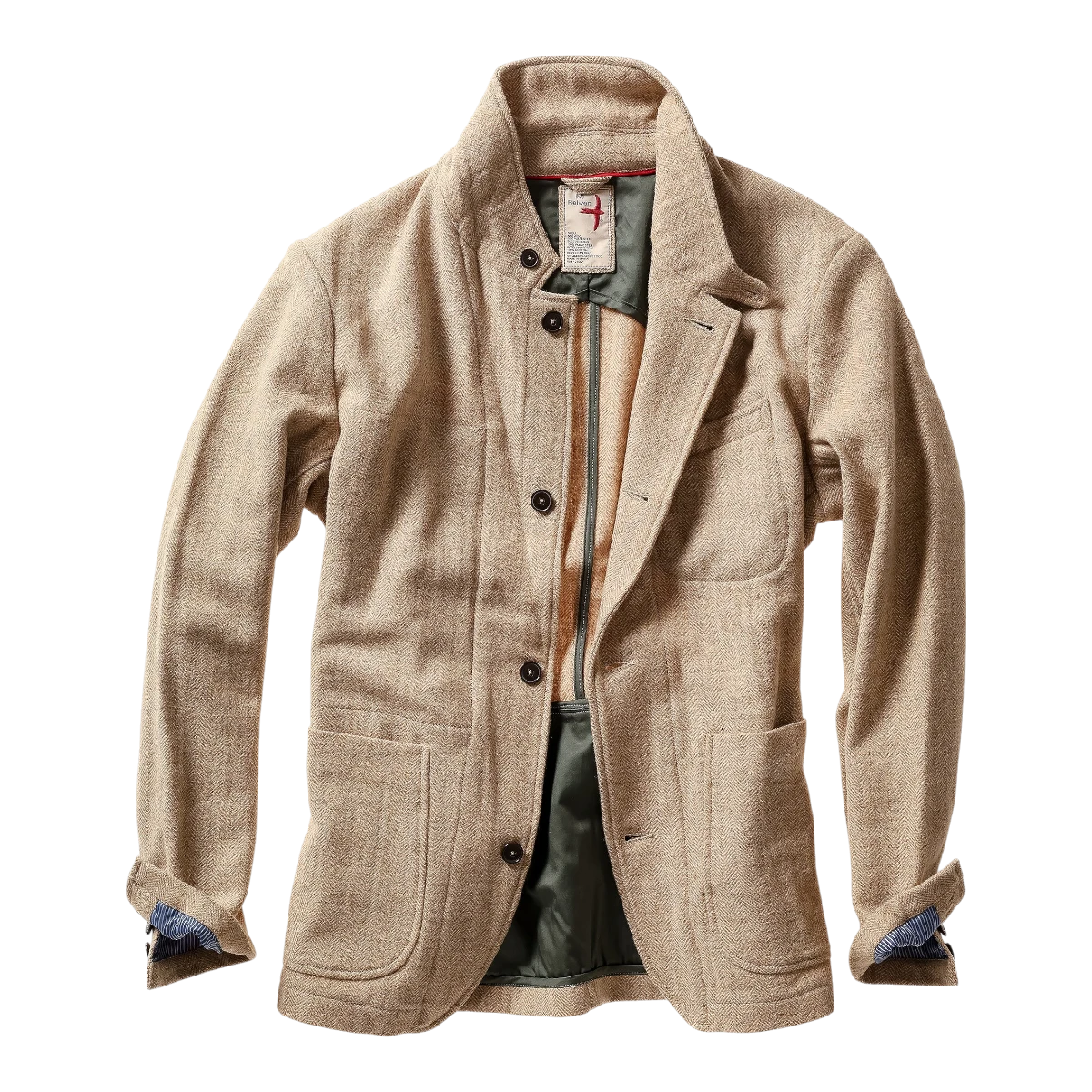 MILWORKS Relwen Heritage Trap Blazer in light camel herringbone wool with a button-front and contrast lining