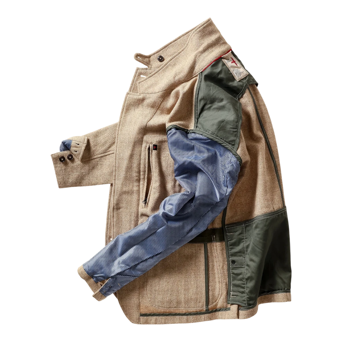 MILWORKS Relwen Heritage Trap Blazer in light camel herringbone wool with blue striped lining and olive green panels
