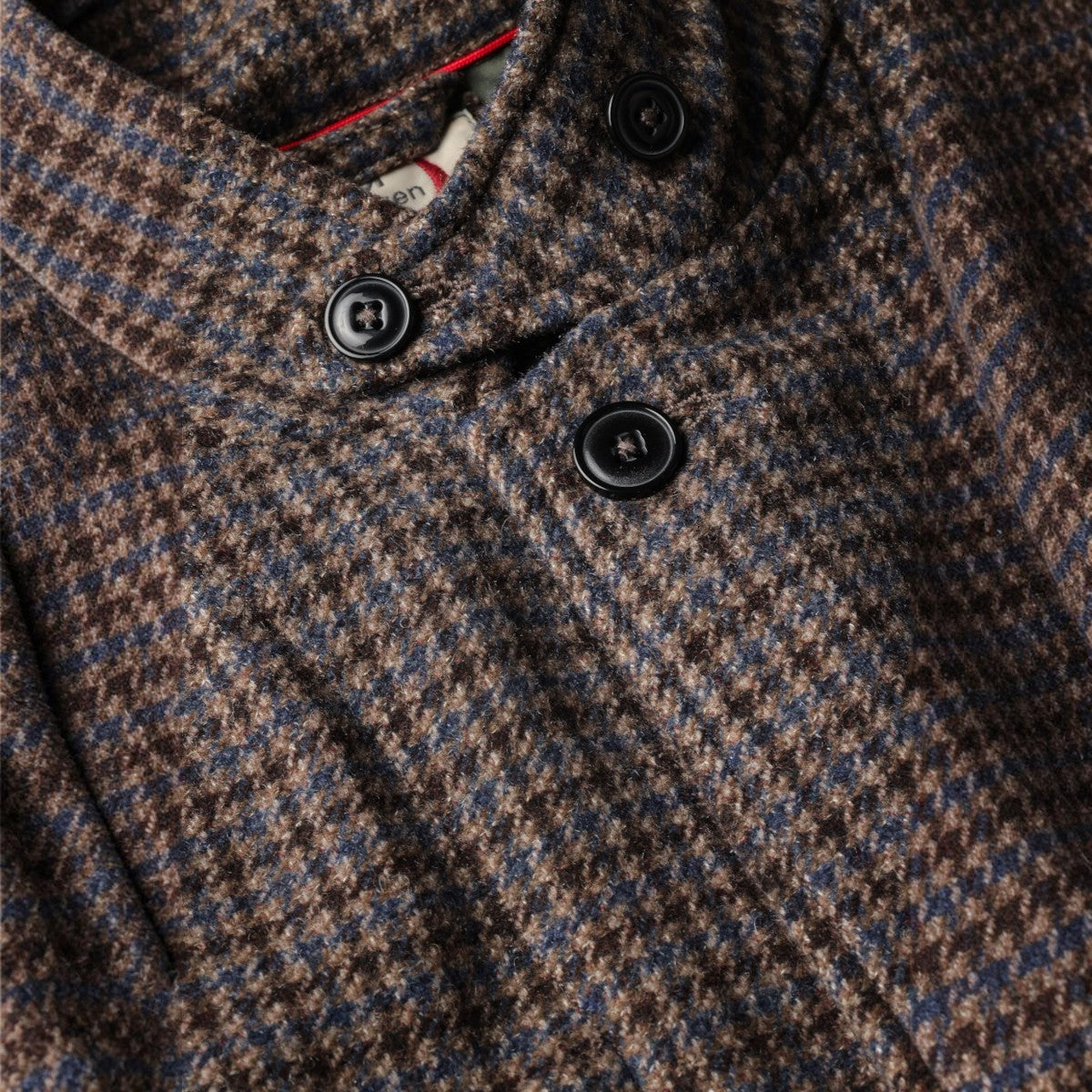 MILWORKS Relwen Heritage Trap Blazer in brown and blue check wool blend fabric with black button details