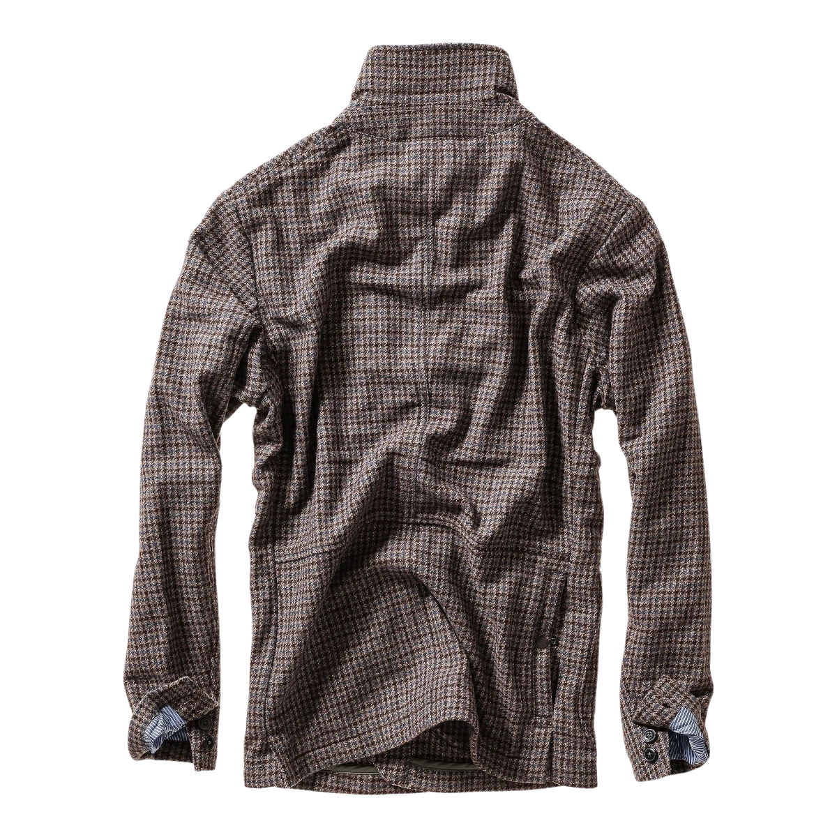 MILWORKS Relwen Heritage Trap blazer in brown and blue check pattern, back view showing structured collar and cuffs.