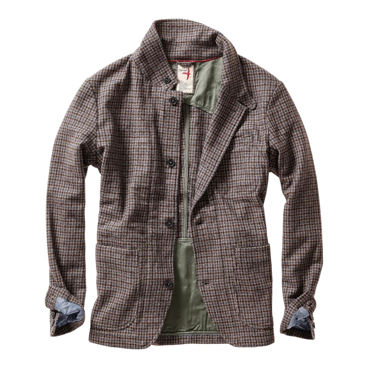 MILWORKS Relwen Heritage Trap Blazer in a brown and blue check pattern with olive green interior lining