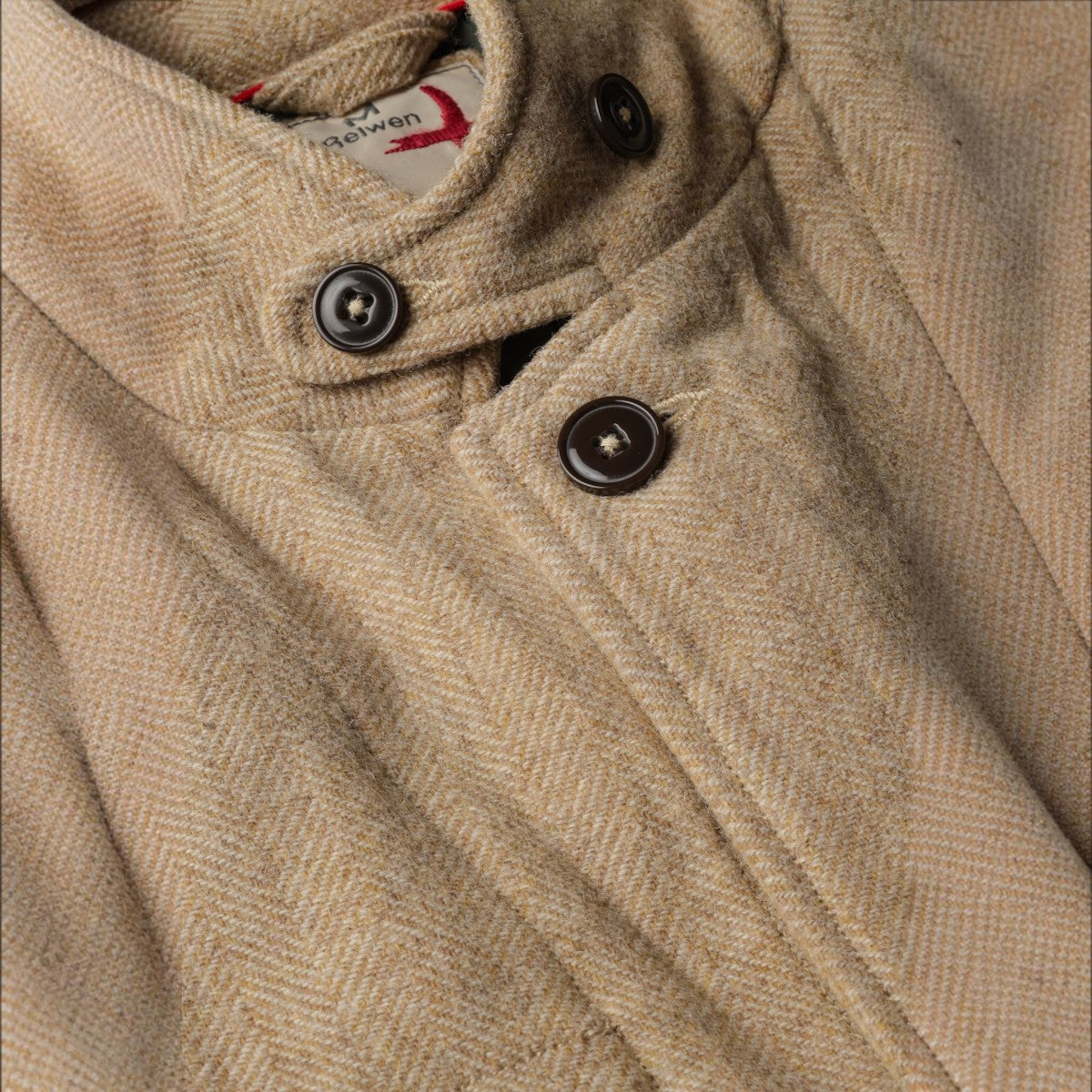 MILWORKS Relwen Heritage Trap Blazer in light camel herringbone wool with dark brown buttons and a high collar