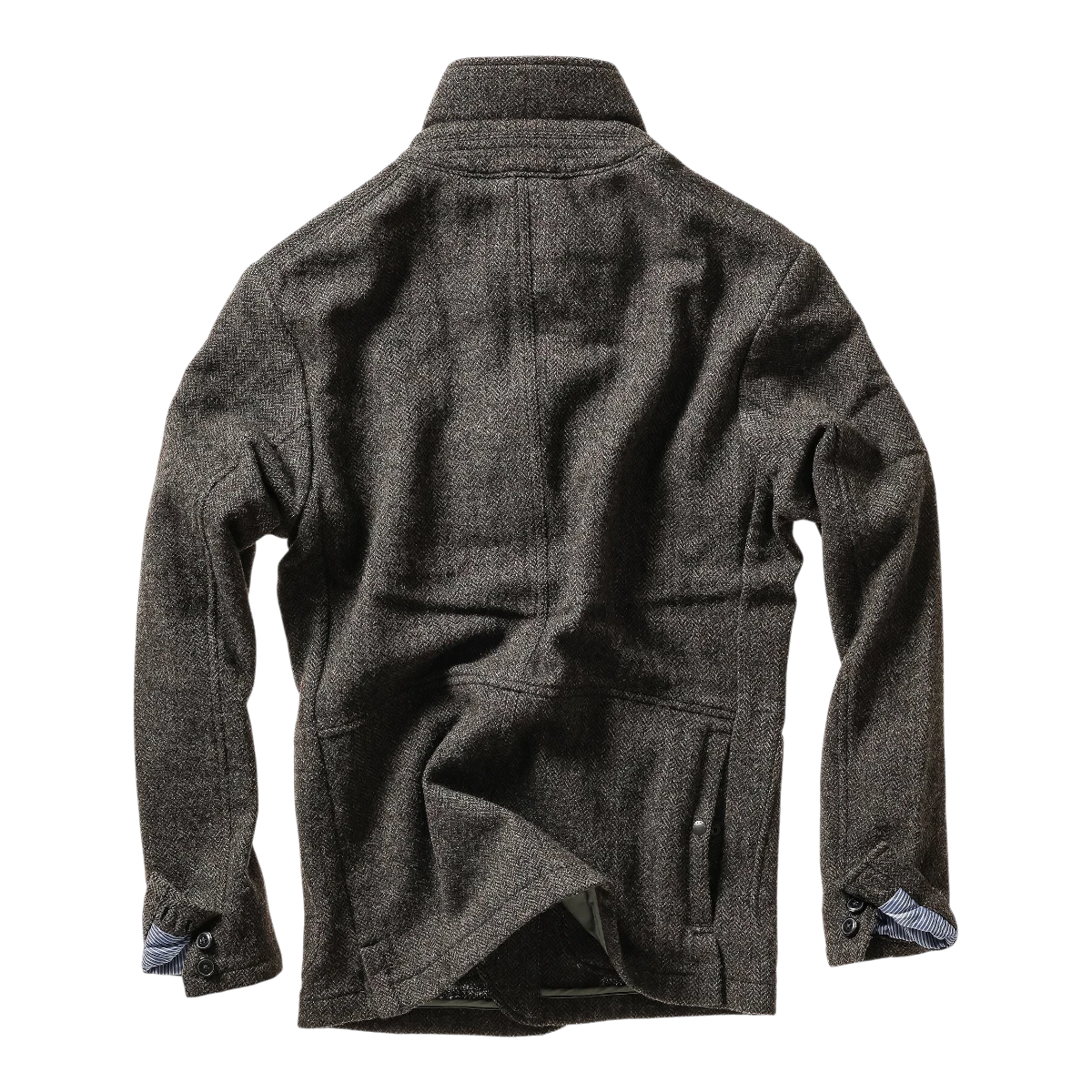 MILWORKS Relwen Heritage Trap Blazer in charcoal and olive herringbone wool blend, back view showing tailored fit.