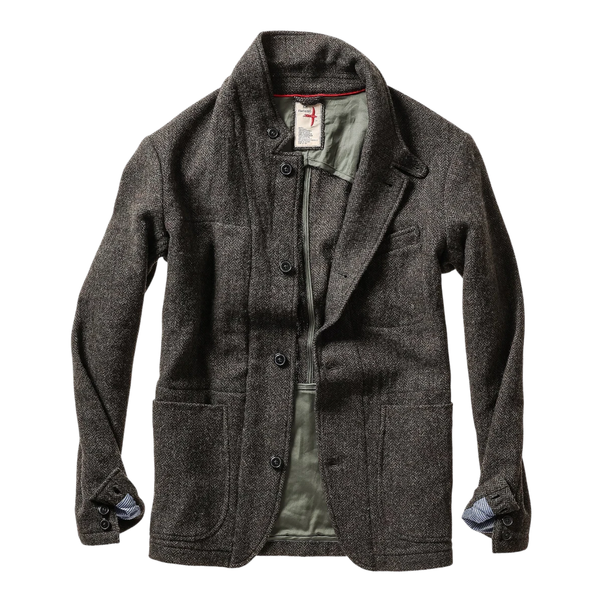 MILWORKS Relwen Heritage Trap Blazer in charcoal olive herringbone wool with a button front and interior zip detail.