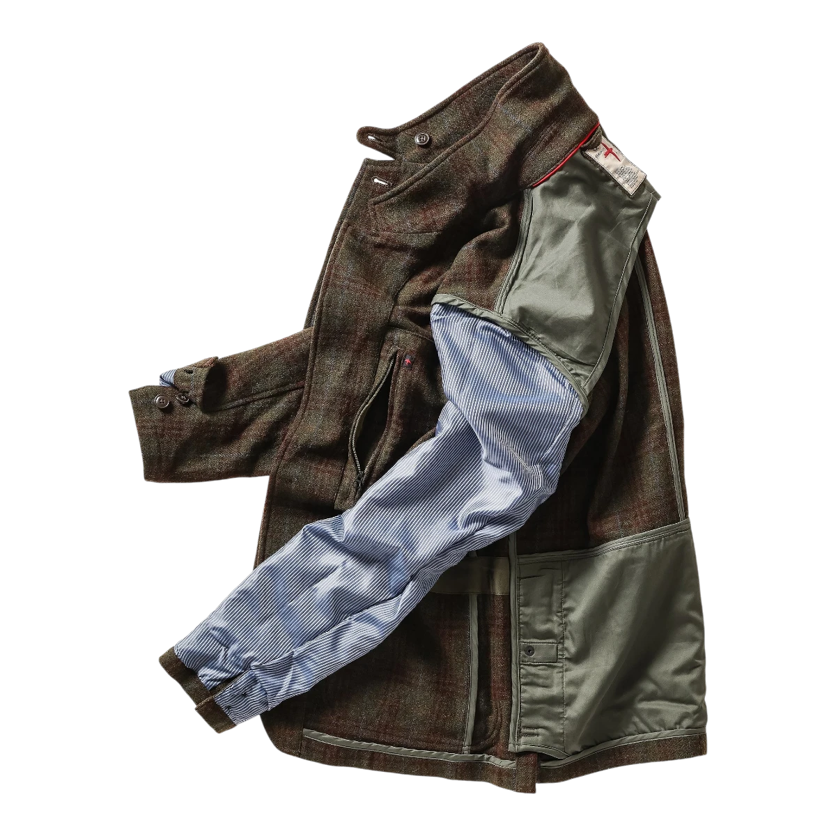 MILWORKS Relwen Heritage Trap Blazer in loden rust plaid with blue striped sleeve lining and olive green interior