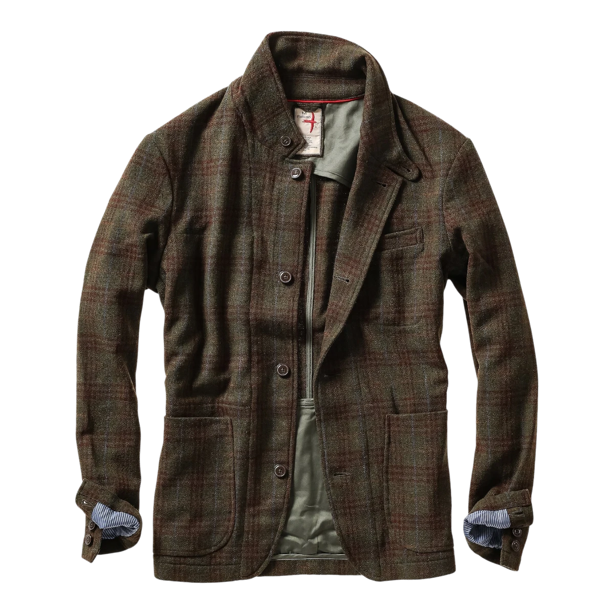 MILWORKS Relwen Heritage Trap Blazer in loden rust plaid wool with button front and interior olive lining