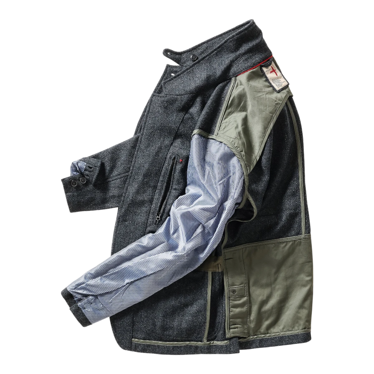 MILWORKS Relwen Heritage Trap Blazer in blue and black twill with olive green panels and striped sleeve lining
