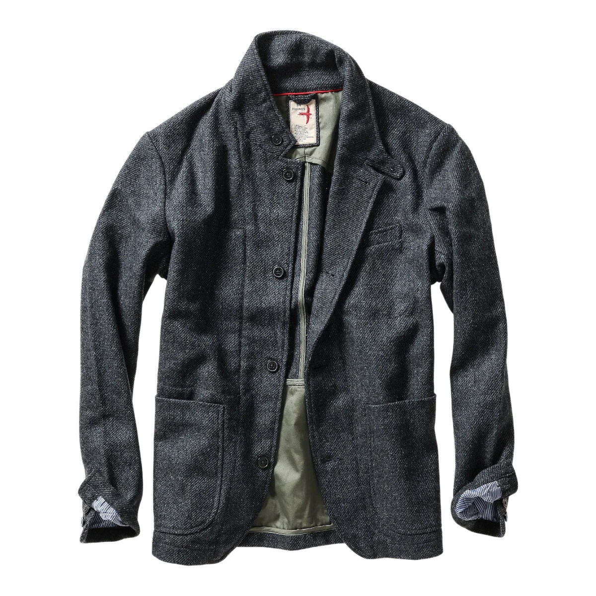 MILWORKS Relwen Heritage Trap Blazer in blue and black twill fabric with button closure and olive green lining.