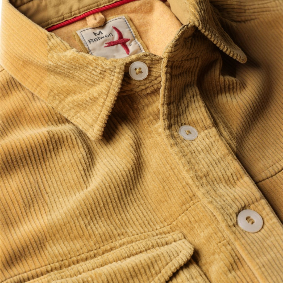 MILWORKS Relwen honey yellow corduroy workshirt featuring a button-down collar and detailed stitching