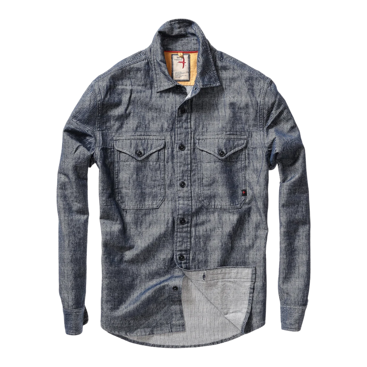 MILWORKS Relwen utility workshirt in indigo yarn-dyed twill with dual chest pockets and button-down front.
