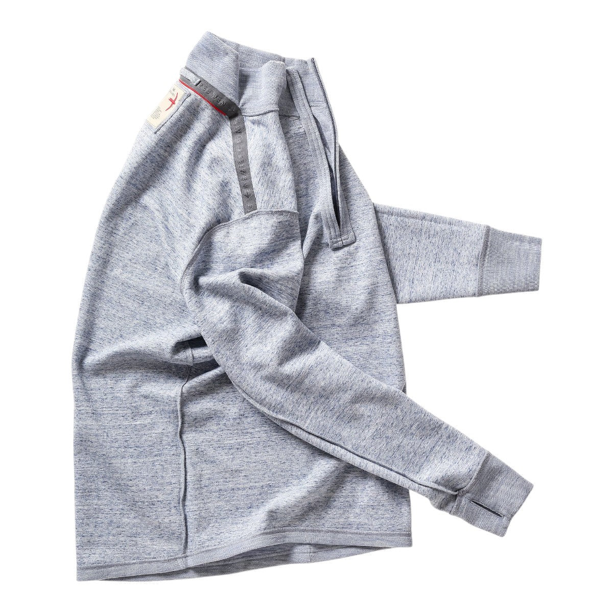 MILWORKS Relwen light blue wool cotton quarter zip sweater with ribbed cuffs and contrast shoulder detailing.