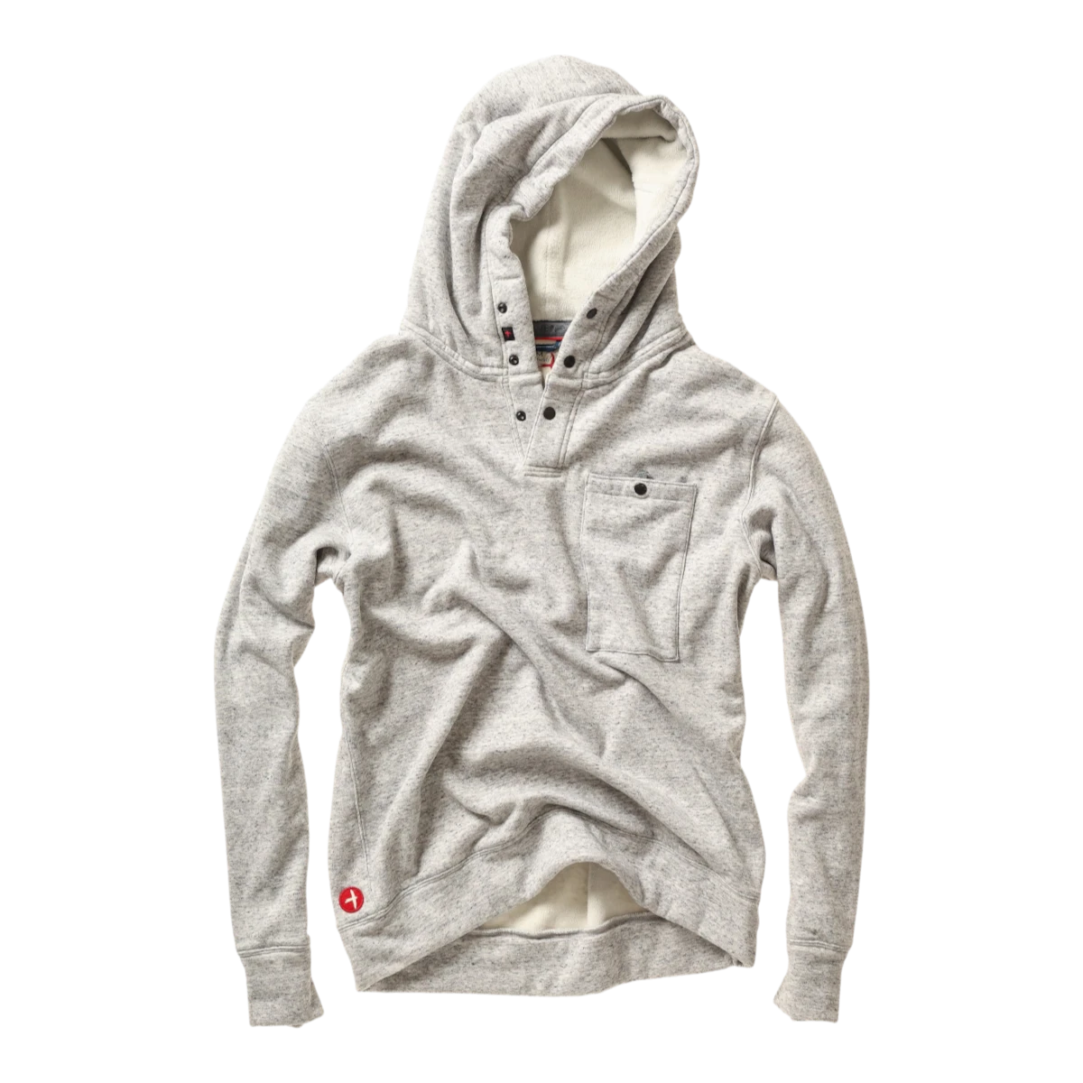MILWORKS Relwen light grey micropile hoodie with a snap button placket, hood, and chest pocket.