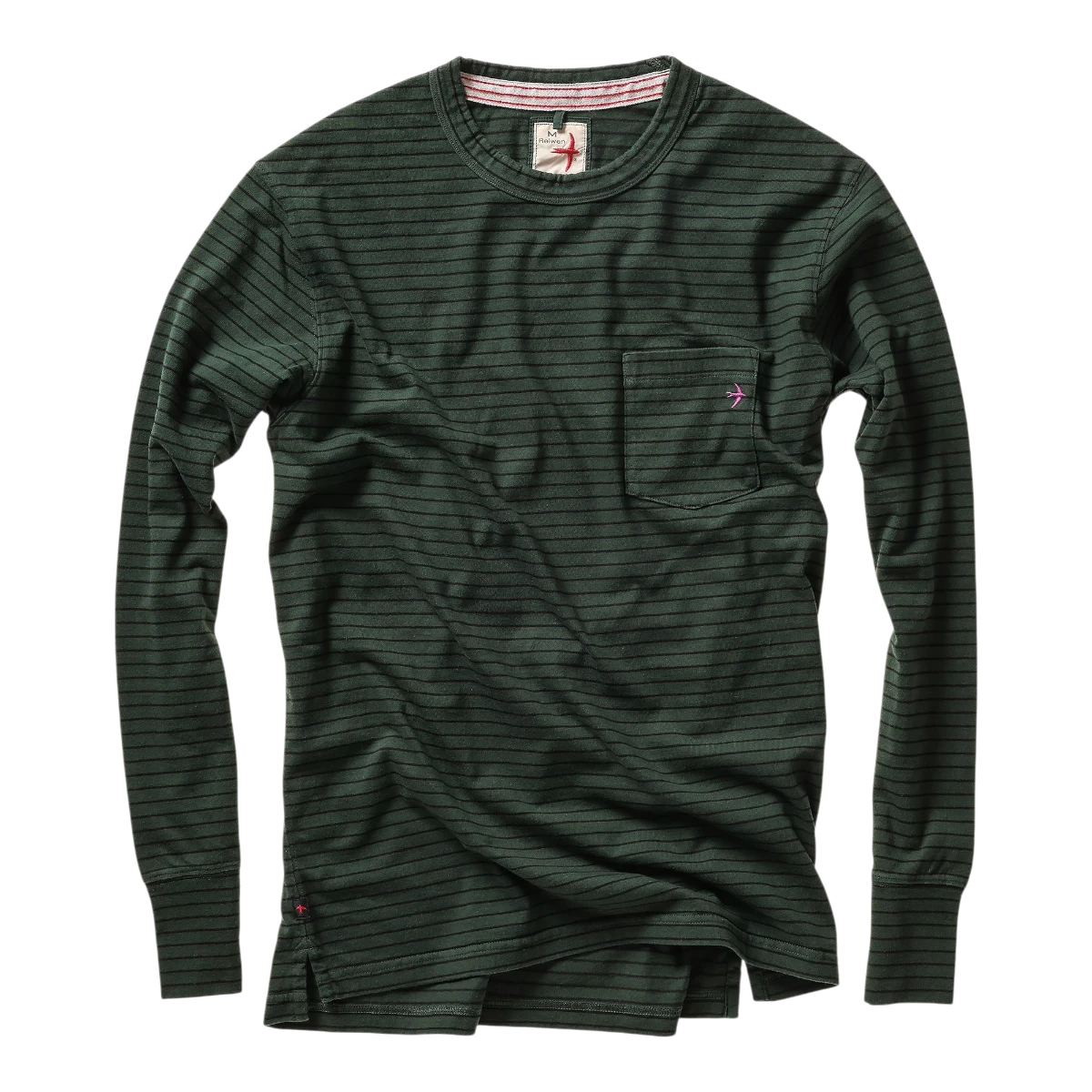 MILWORKS Relwen ringspun long sleeve pocket tee in forest navy stripe with a small embroidered bird logo