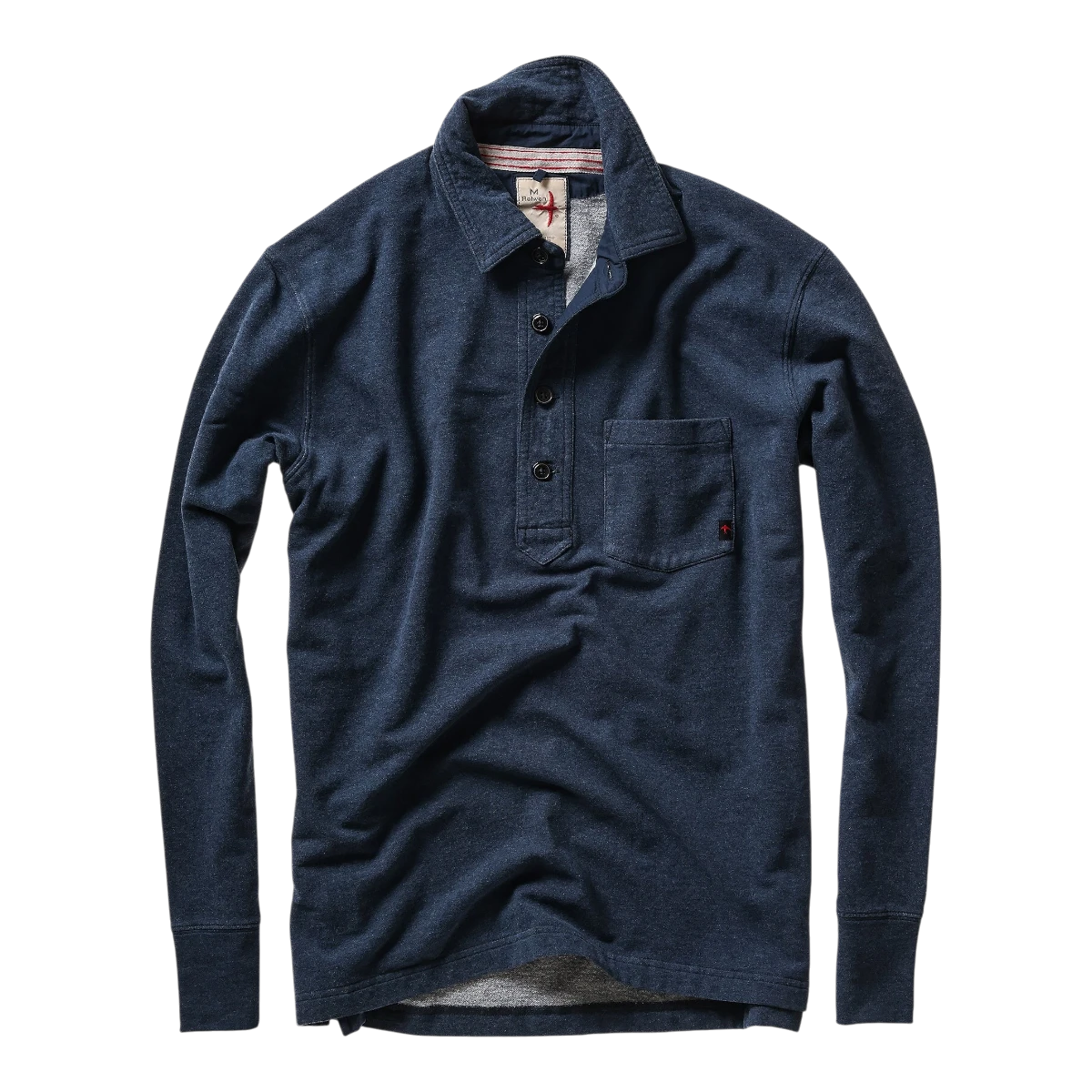 MILWORKS Relwen Mariner long sleeve polo shirt in navy blue with a button placket and chest pocket
