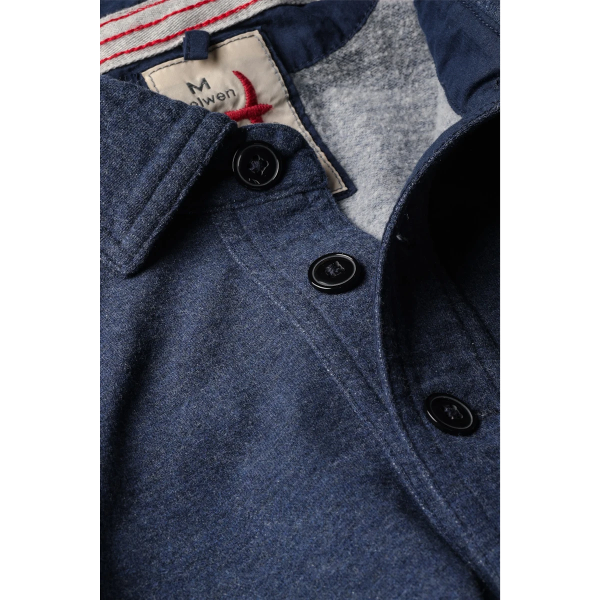 MILWORKS Relwen Mariner Polo in navy blue with black buttons and red stitch detailing on the inner collar