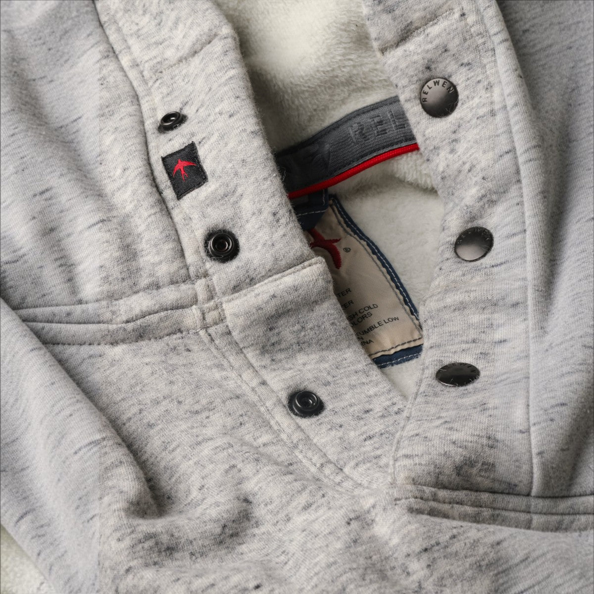 MILWORKS Relwen Micropile Hoodie in light grey heather with snap button placket and soft fleece interior lining