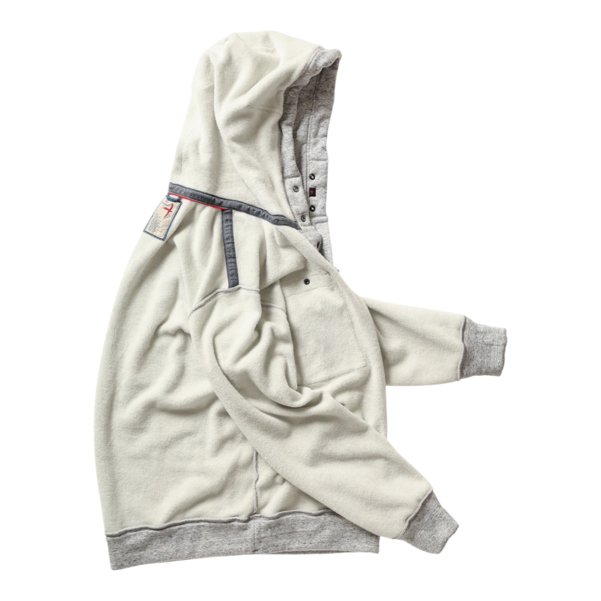 MILWORKS Relwen light grey micropile hoodie with a snap button placket and ribbed cuffs