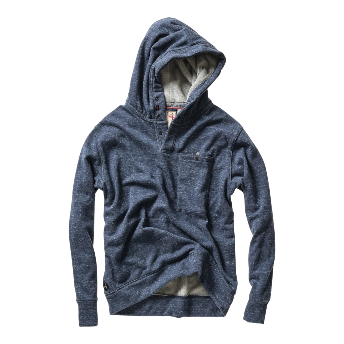 MILWORKS Relwen Micropile Hoodie in navy blue with a buttoned placket, hood, and chest pocket.