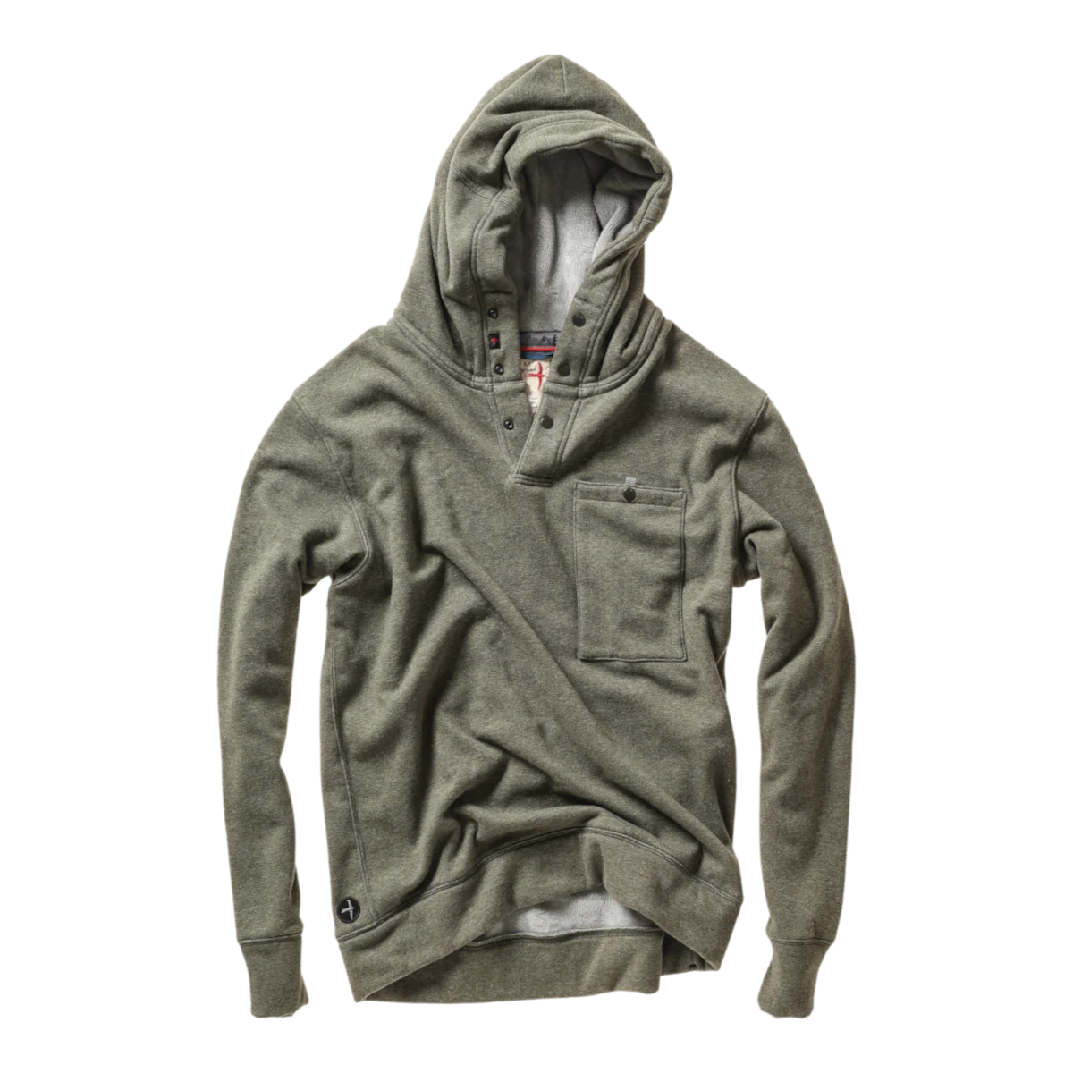 MILWORKS Relwen Micropile Hoodie in smoke olive featuring a snap button placket, hood, and chest pocket.