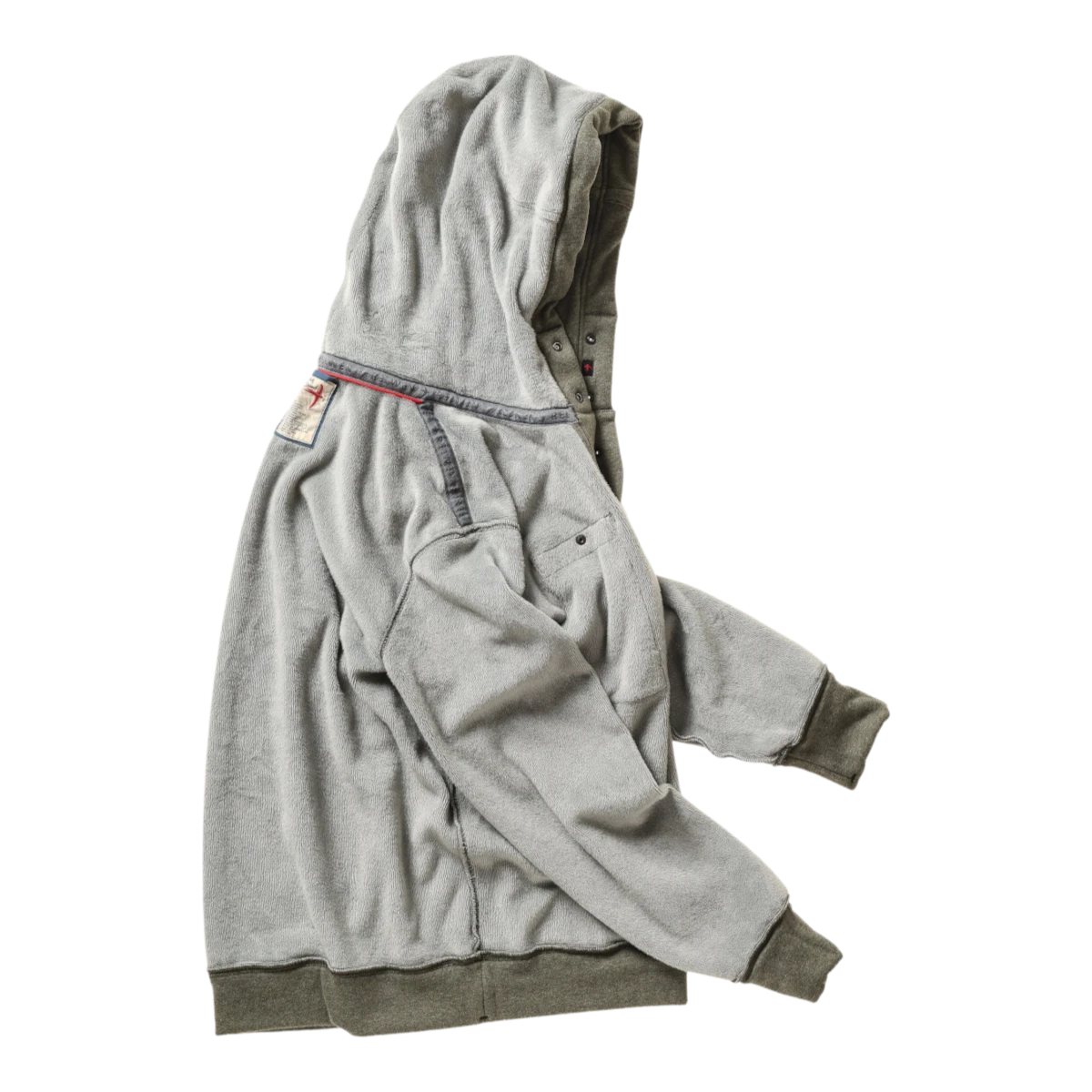 MILWORKS Relwen Micropile Hoodie in smoke olive featuring a soft fleece texture, hood, and ribbed cuffs.