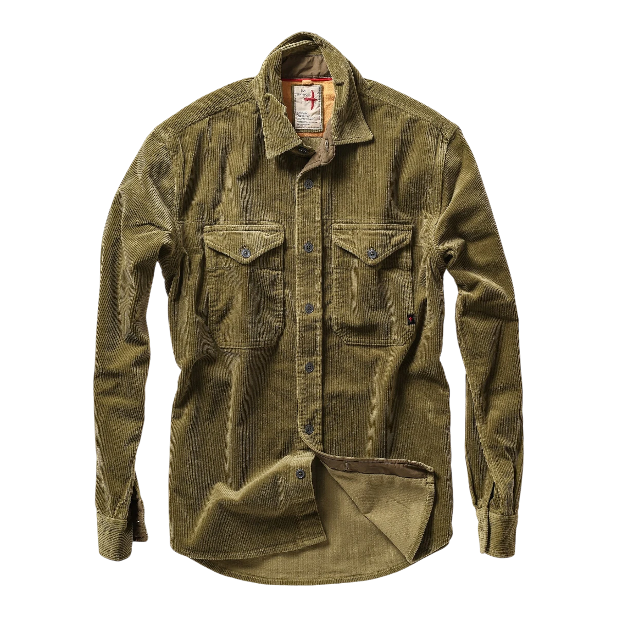 MILWORKS Relwen corduroy workshirt in moss green with dual chest pockets and button-down front closure.