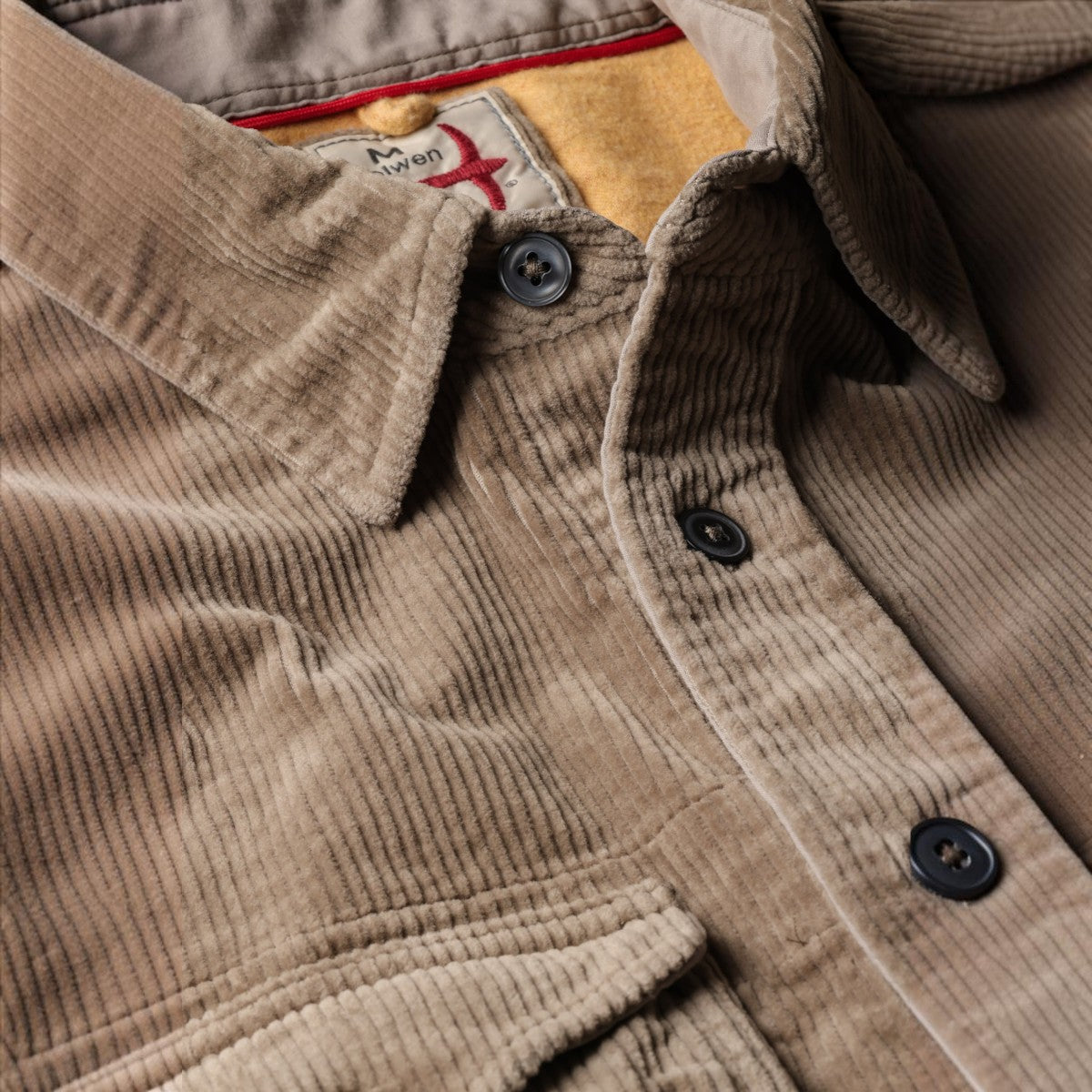 MILWORKS Relwen corduroy workshirt in mushroom brown with button-down collar and contrast yellow interior lining