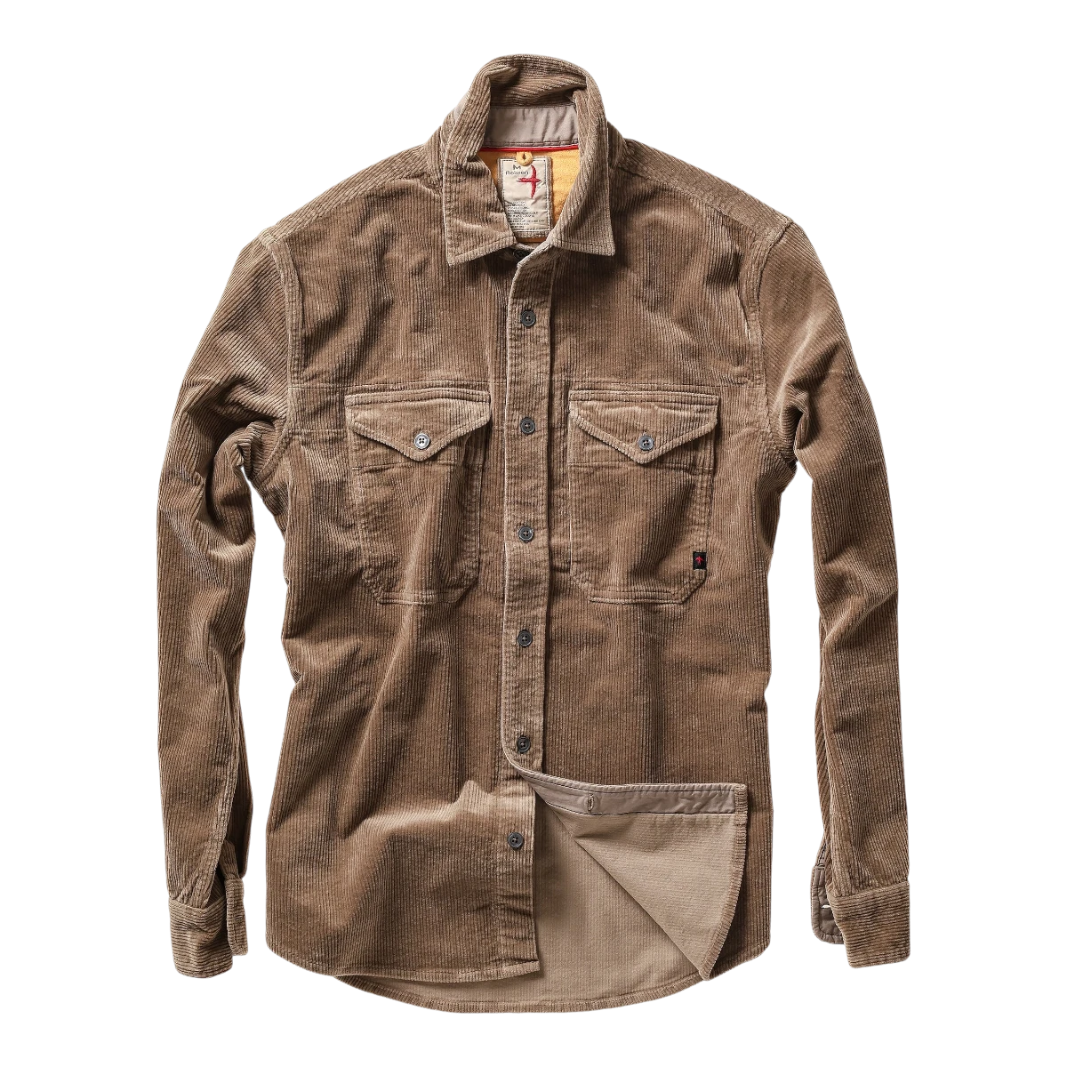 MILWORKS Relwen mushroom brown corduroy workshirt with dual chest pockets and button-down front closure.