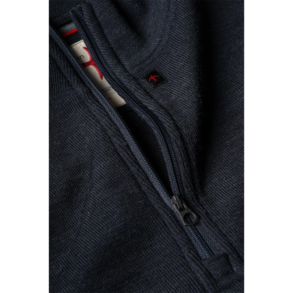 MILWORKS Relwen dark navy wool cotton quarter zip sweater with ribbed collar and zipper detail