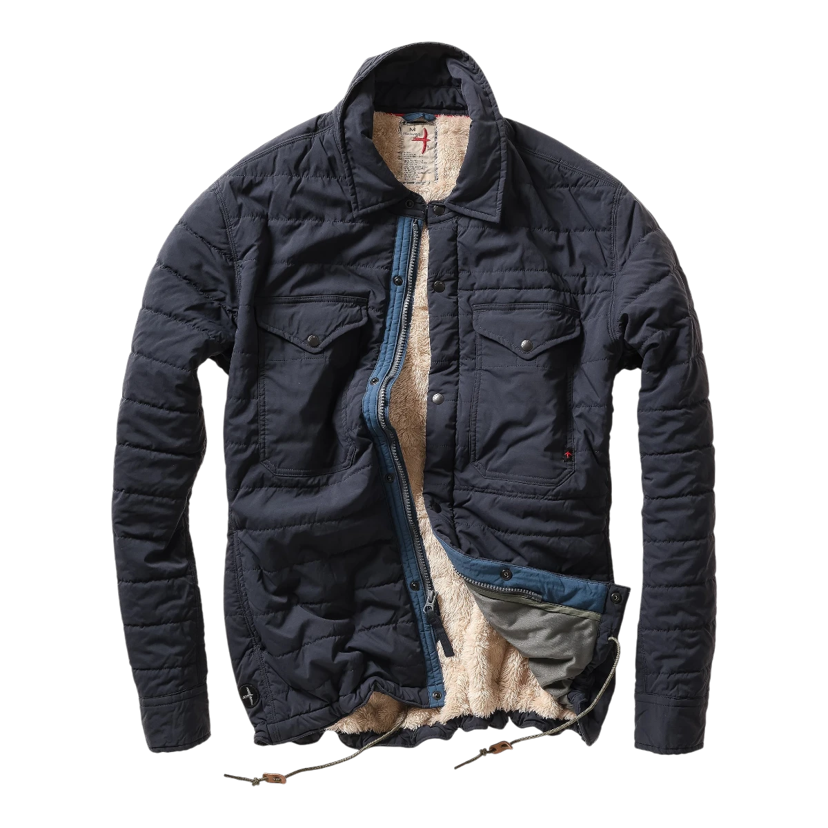 MILWORKS Relwen navy quilted jacket with a soft beige fleece lining and snap button chest pockets