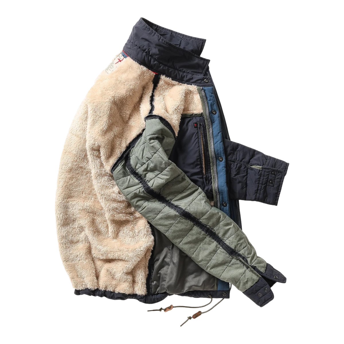 MILWORKS Relwen navy quilted jacket featuring a soft beige fleece lining and olive green interior detailing.