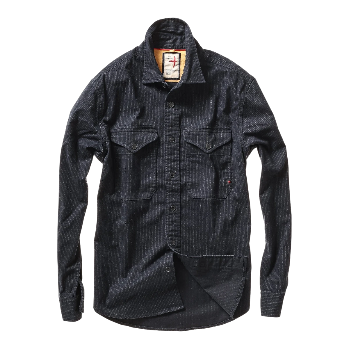MILWORKS Relwen utility workshirt in dark navy with subtle tick stripe pattern, featuring dual chest pockets.