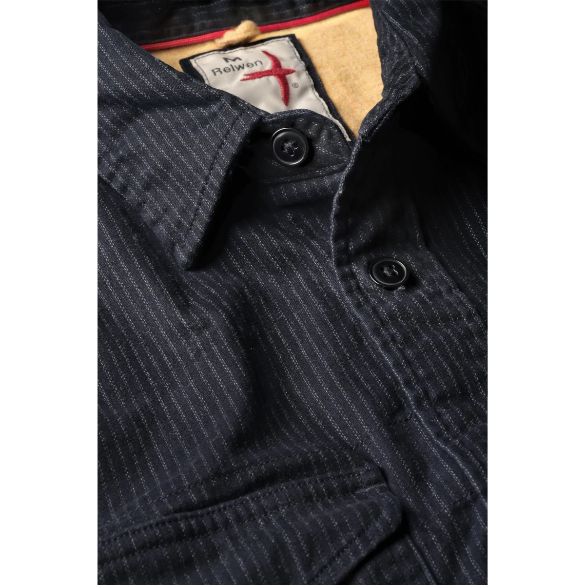 MILWORKS Relwen utility workshirt in dark navy with white tick stripes, featuring a button-down collar and label.
