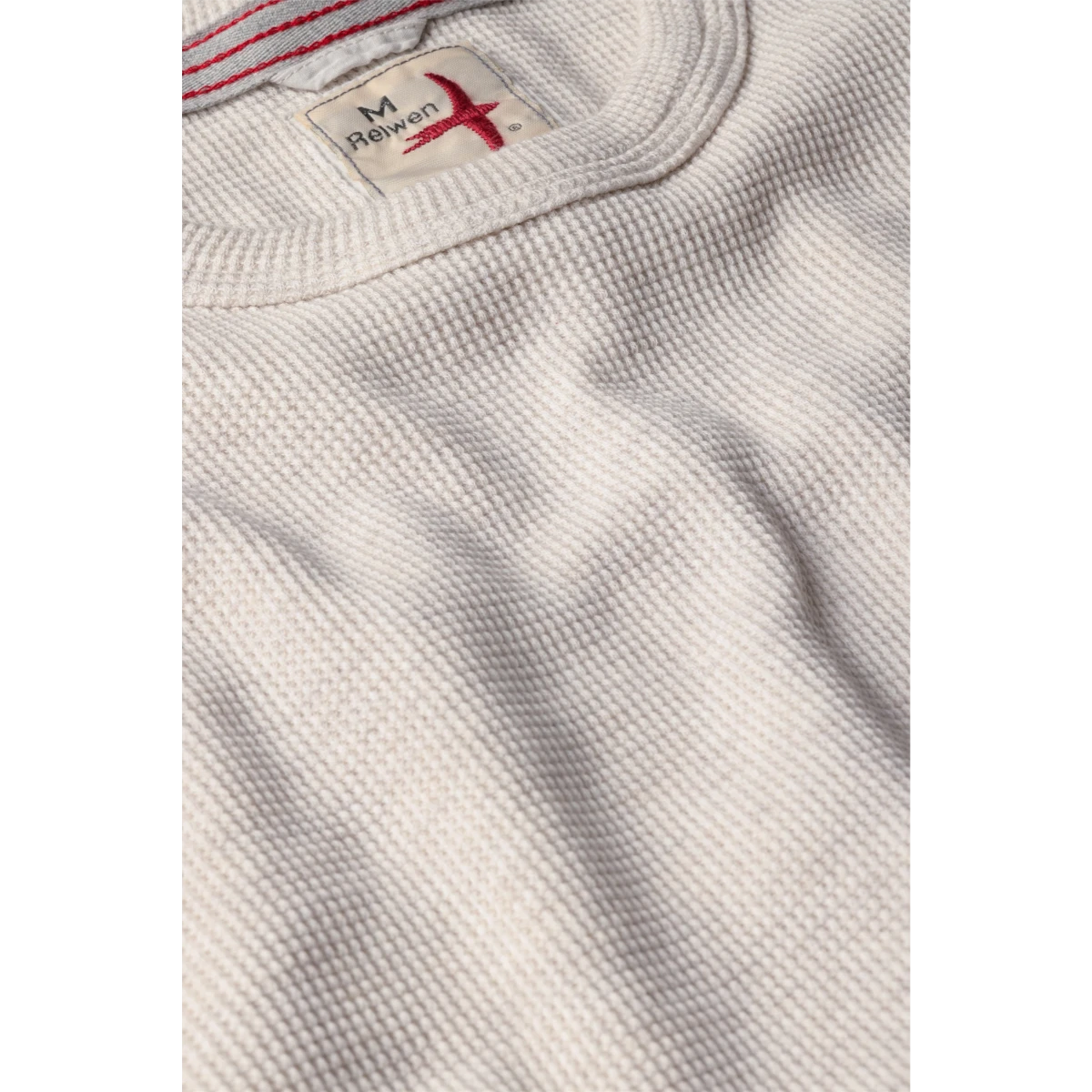 MILWORKS Relwen Bi Waffle Crew sweater in oatmeal featuring a textured waffle knit fabric and ribbed crew neckline.
