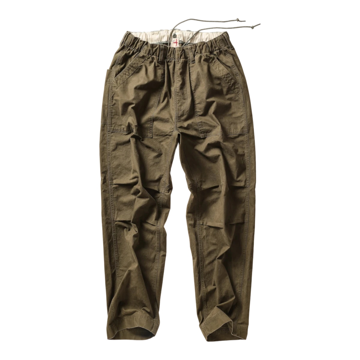 MILWORKS Relwen olive drab canvas utility pants featuring an elastic drawstring waist and relaxed fit