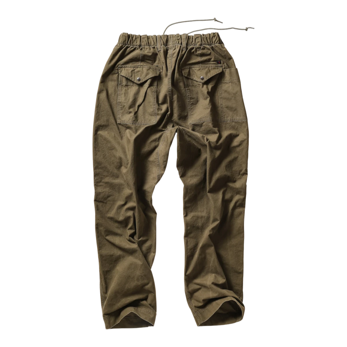 MILWORKS Relwen olive drab canvas utility pants featuring an elastic drawstring waist and two buttoned back pockets.