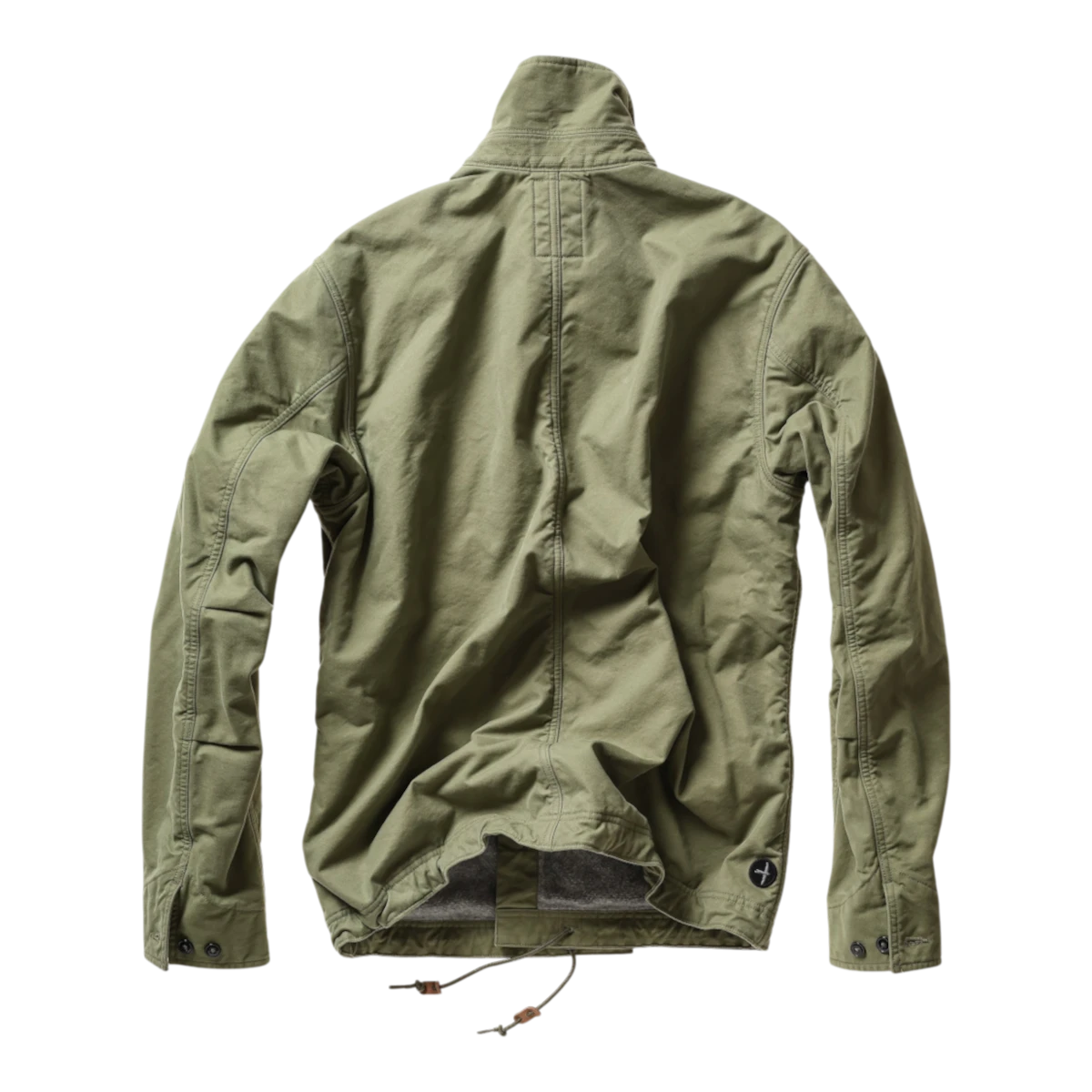Back view of MILWORKS Relwen pile lined chore coat in palm green with a high collar and adjustable hem drawcord