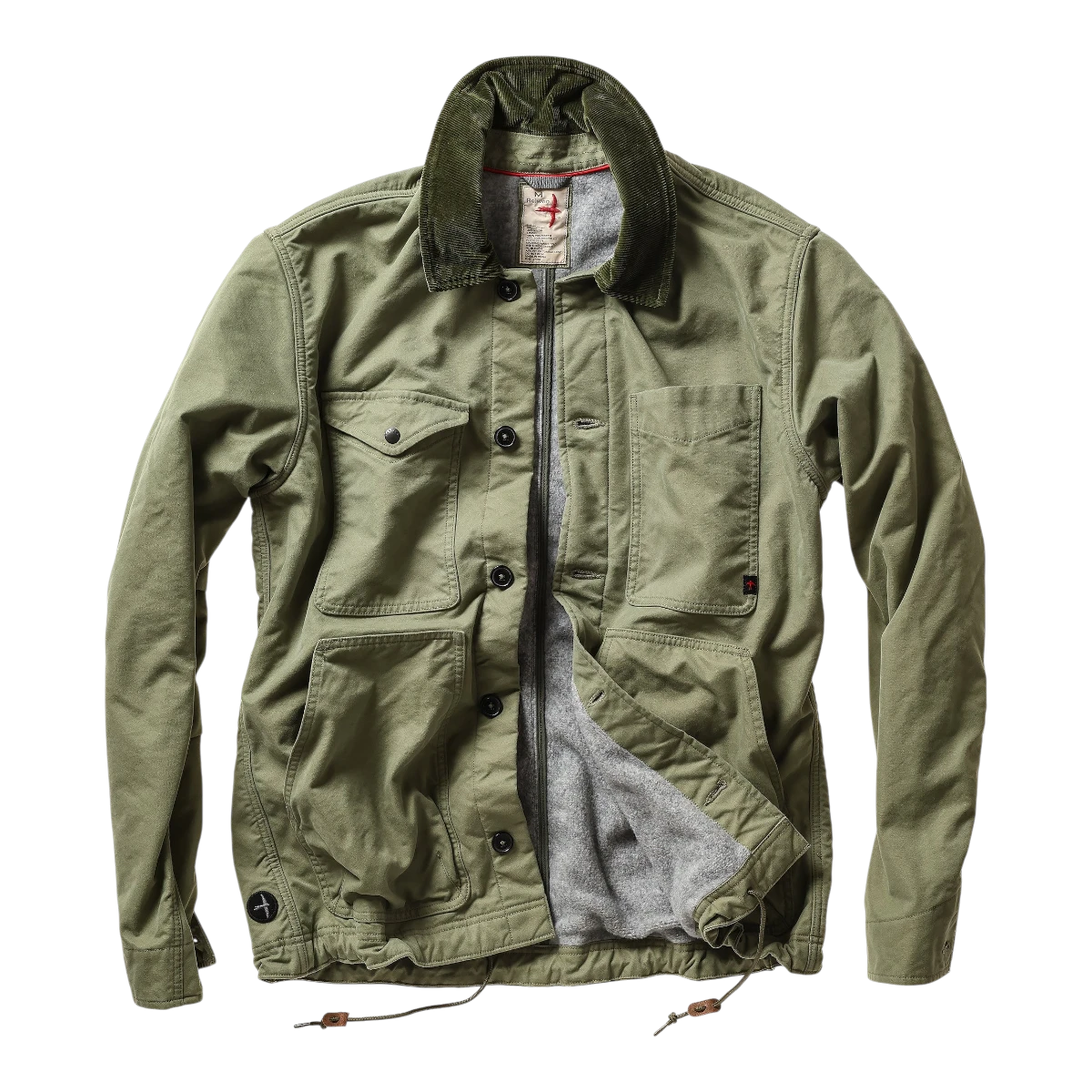 MILWORKS Relwen pile lined chore coat in palm green with a corduroy collar and grey fleece interior lining